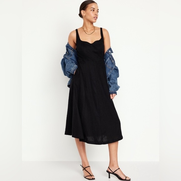 NWT! Black Fit & Flare Linen-Blend Midi Dress - Multiple Sizes💜 - Picture 1 of 11